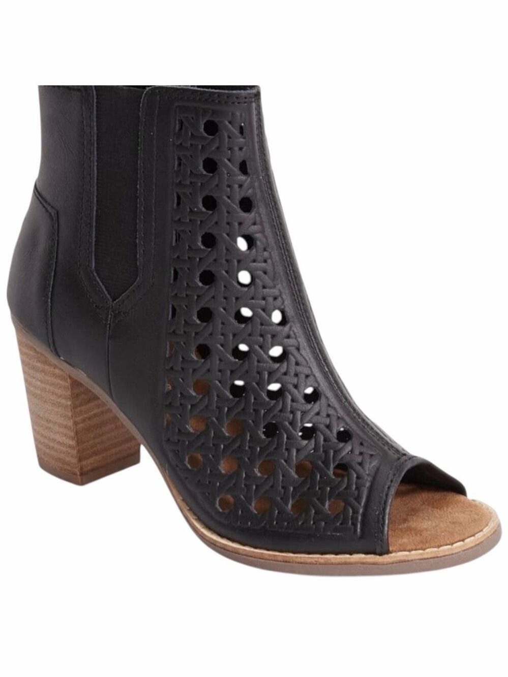 TOMS Majorca Black Laser Cut Leather Peep Toe Booties Block Heel Women’s Size 6